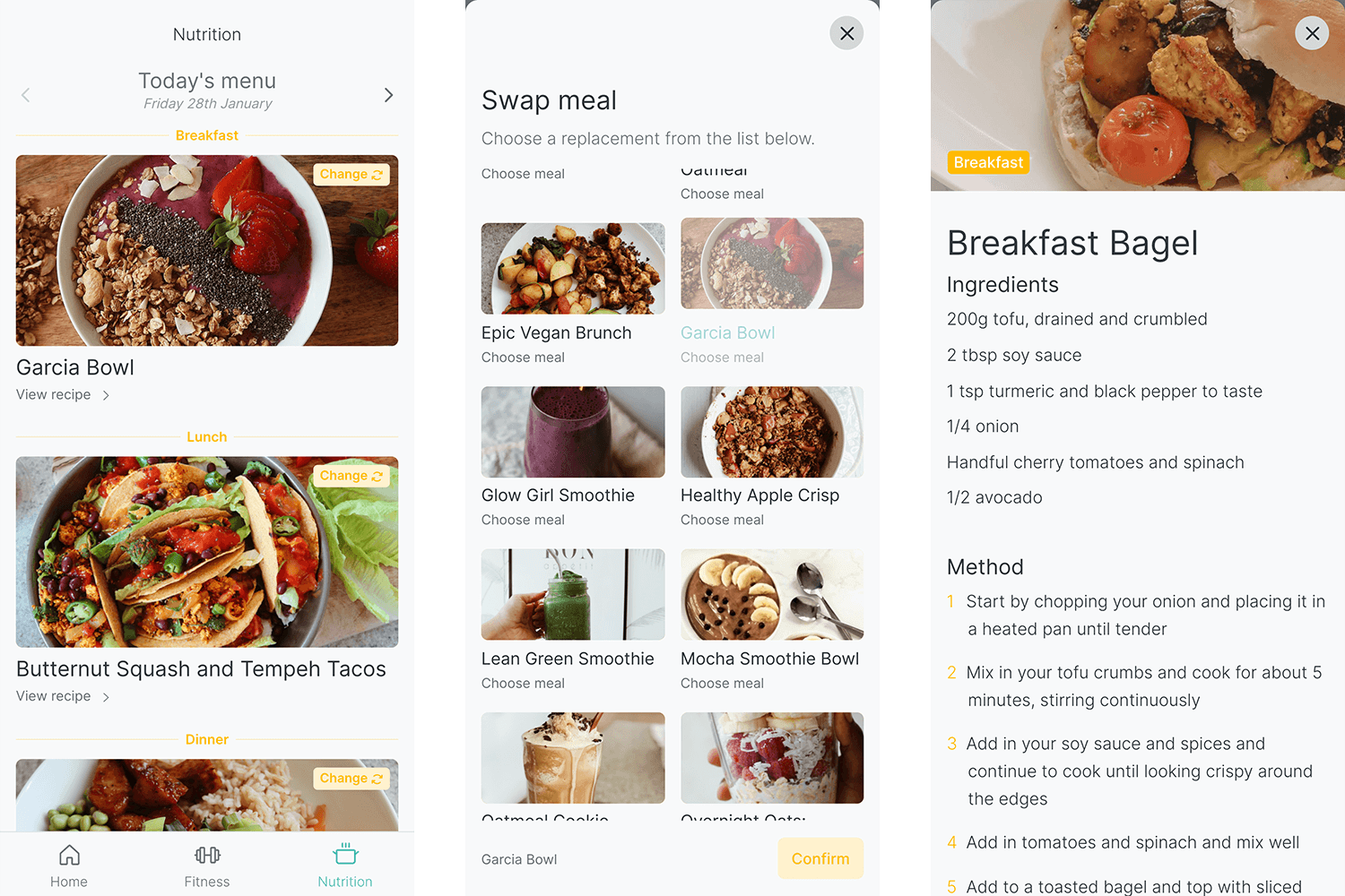 Customisable meal plan UI