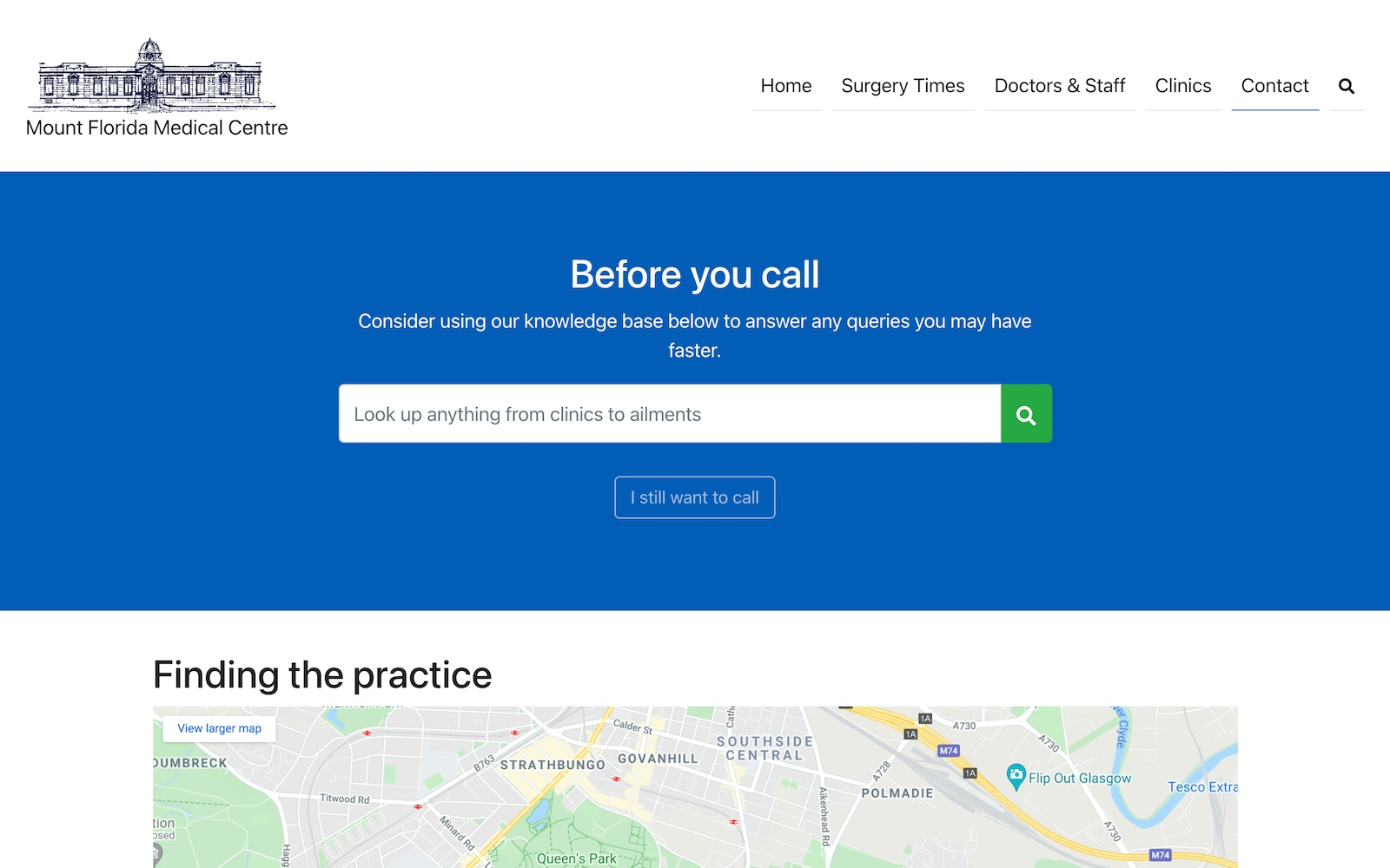 Contact page with signposting to direct users to best resources