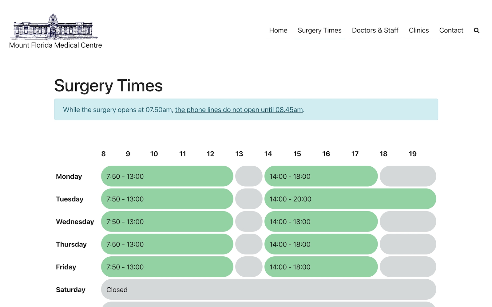 Surgery times. The front end maximised relevant content for readability